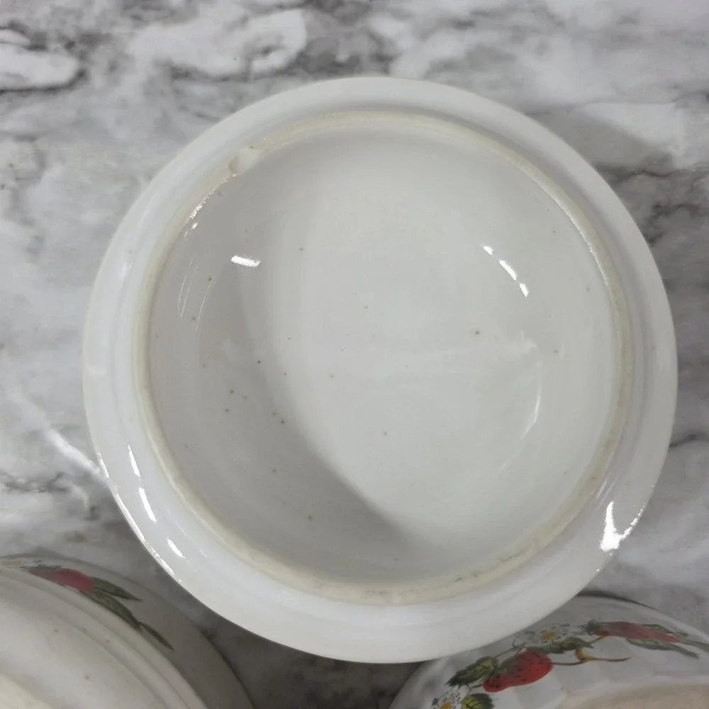 Sheffield strawberries n cream stoneware small vintage crock w/ lid & bowl read